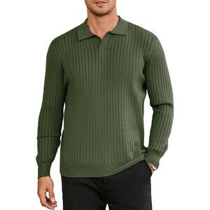 Men's Ribbed Knit Sweater Casual Long Sleeve Polo Sweater Collared V Neck Polo S